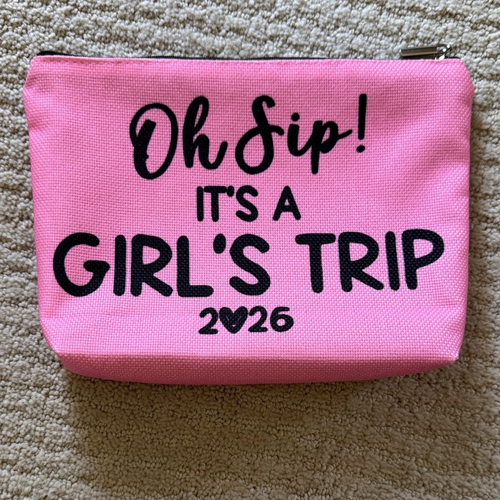 Pink Canvas Travel Cosmetic Pouch - "Oh Sip! It's A Girl's Trip"